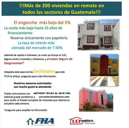 VIVIENDAS EN REMATE DIFERENTES UBICACIONES EN EL DEPARTAMENTO DE GUATEMALA