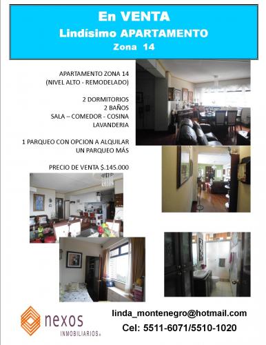 VENDO LINDO APARTAMENTO - ZONA 14 - NIVEL ALTO
