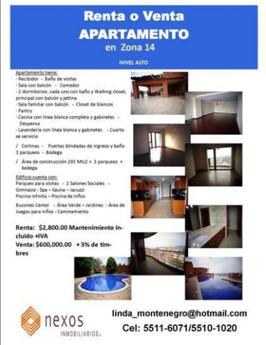 RENTO o VENDO PRECIOSO APARTAMENTO - NIVEL ALTO - ZONA 14