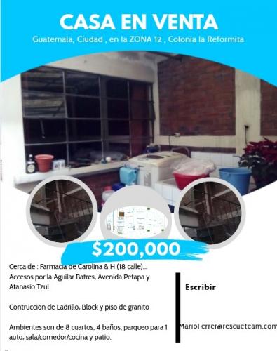 VENTA DE CASA en la ZONA 12, Colonia la reformita