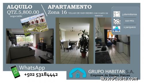 Alquilo apartamento en Zona 16 Villas de San Isidro.