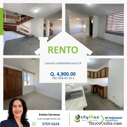 Casa en renta en condominio  zona14
