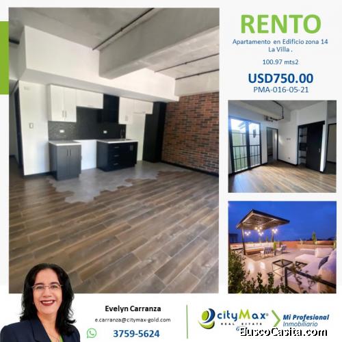 Apartamento en renta zona 14 La Villa!!!