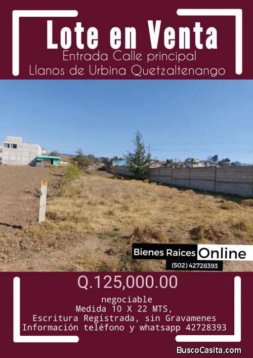 Lote en Venta entrada Llanos de Urbina Quetzaltenango 