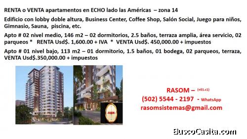 Renta o Venta de apartamento en Echo, zona 14 - sector Avenida Las Américas RASOM