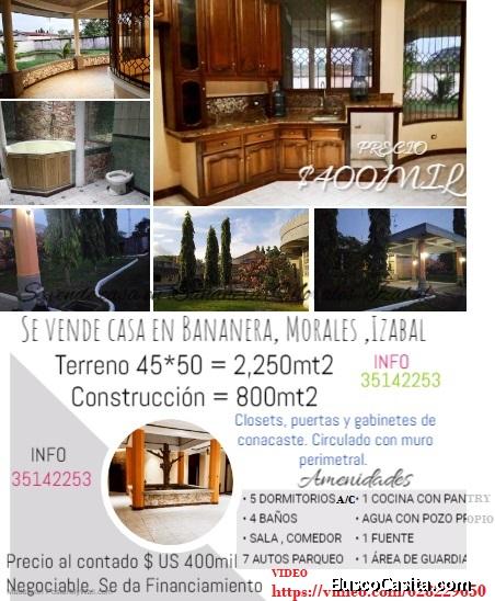 Se vende casa en Bananera, Morales ,Izabal