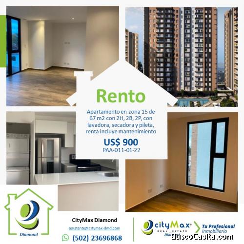 CityMax Diamond Renta hermoso apartamento en zona 15, en el nuevo Parque 15.