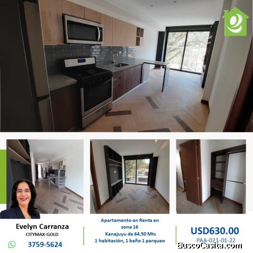 Apartamento en renta en zona 16