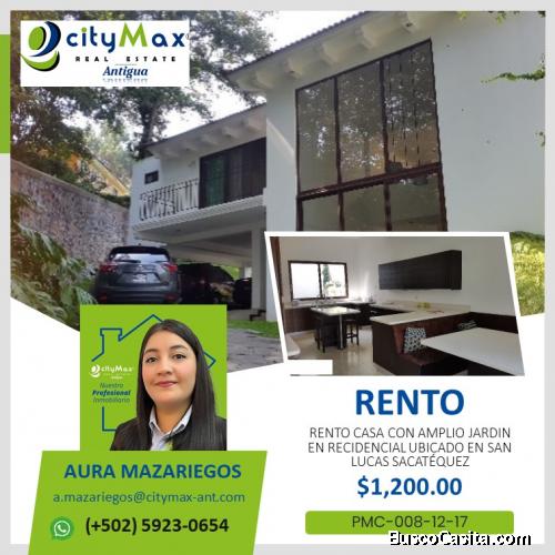 RENTO CASA EN RESIDENCIAL EN SAN LUCAS SACATEPEQUEZ CON AMPLIO JARDÍN