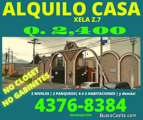CASA EN ALQUILER EN XELA QUETZALTENANGO Z.7  Cerca de los Nuevos Juzgados y Registro de de la Propie