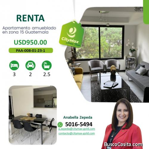 Apartamento amueblado en renta en zona 15 Guatemala Renta