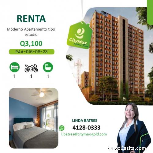 EN RENTA- Moderno Apartamento tipo estudio en zona 2