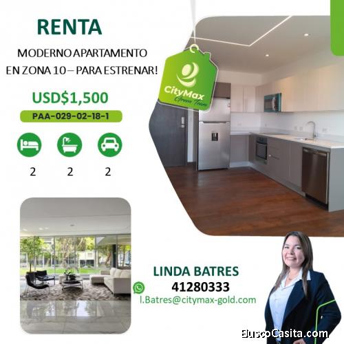 EN RENTA- Moderno Apartamento en zona 10, para ESTRENAR