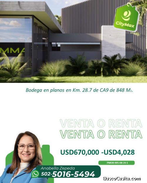 Venta o renta de bodega en planos en Km. 28.7 de CA9