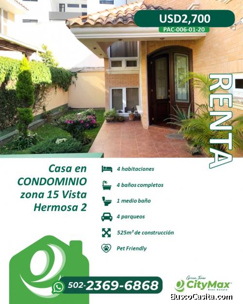 EN RENTA Casa en CONDOMINIO zona 15 Vista Hermosa 2