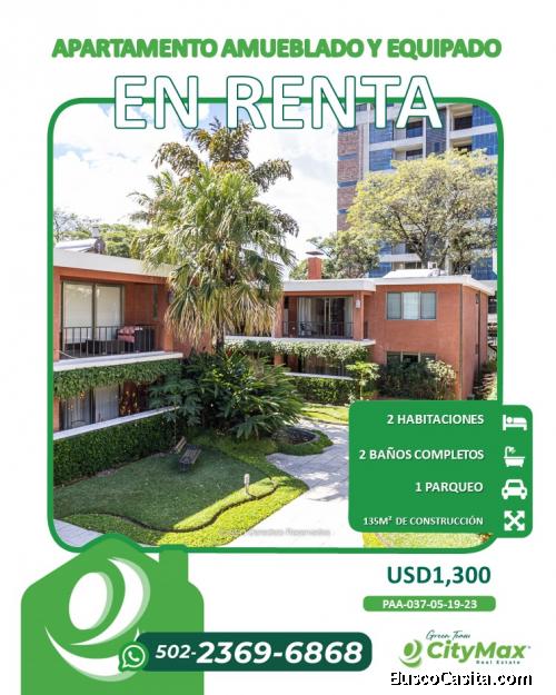 Renta de Apartamento Amueblado y Equipado en Zona 10