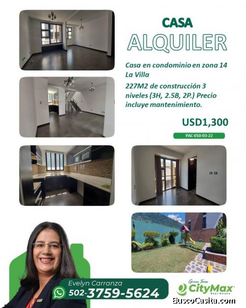 En Alquiler casa en condominio en zona 14, La villa