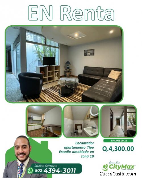 Renta alquiler de Apartamento Tipo Estudio amoblado en zona 10