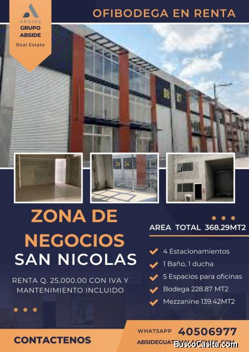RENTO OFIBODEGA EN CONDOMINIO ZONA DE NEGOCIOS SAN NICOLAS EN ZONA 4 DE MIXCO