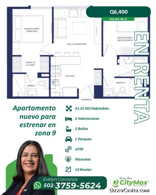 En Alquiler Apartamento en zona 9