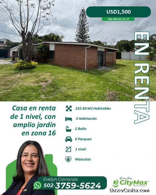 CityMaxGold  En #Renta  Casa con amplio jardín en Zona 16, Ciudad de Guatemala