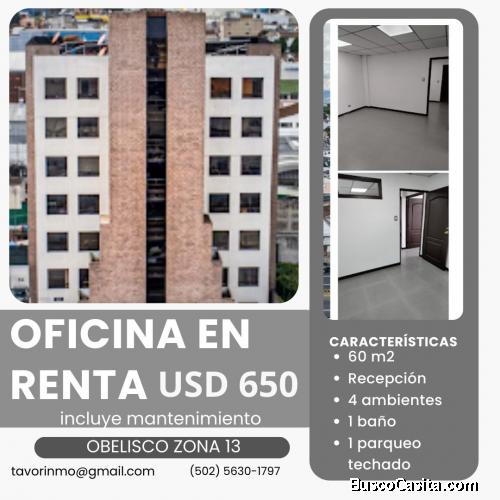 Oficina nivel alto zona 13 en renta cerca al Obelisco