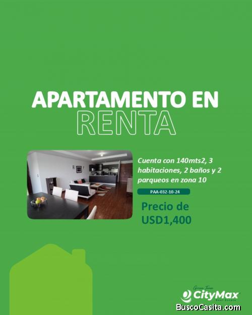 Apartamento amueblado en renta zona 10 