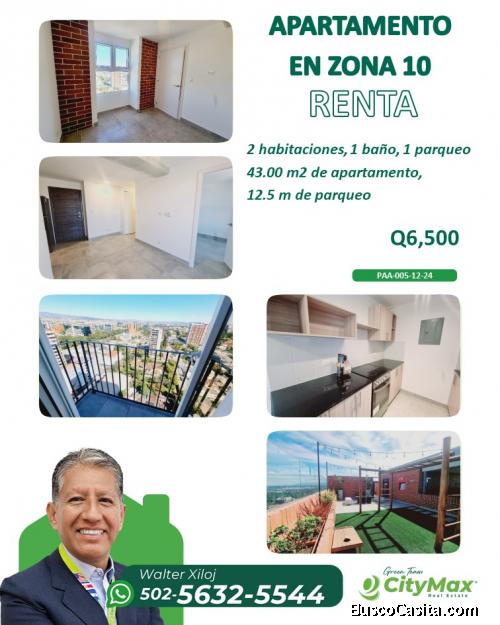 Apartamento de 2 Habitaciones en Renta en zona 10
