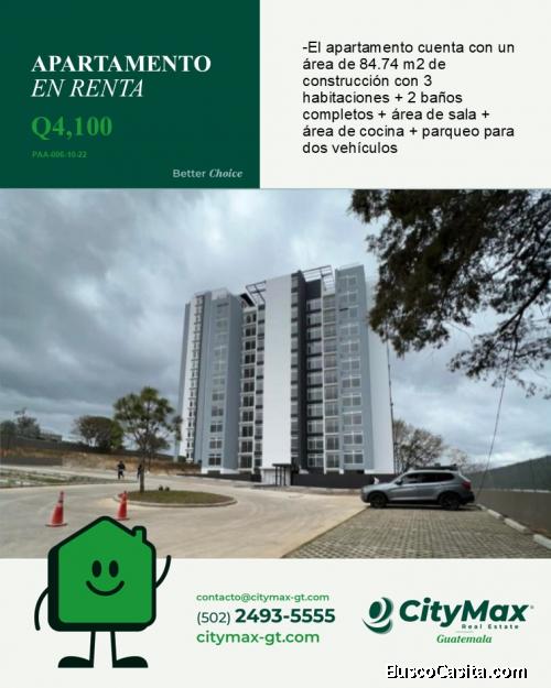 Apartamento en renta en Mixco de 3 Habitaciones