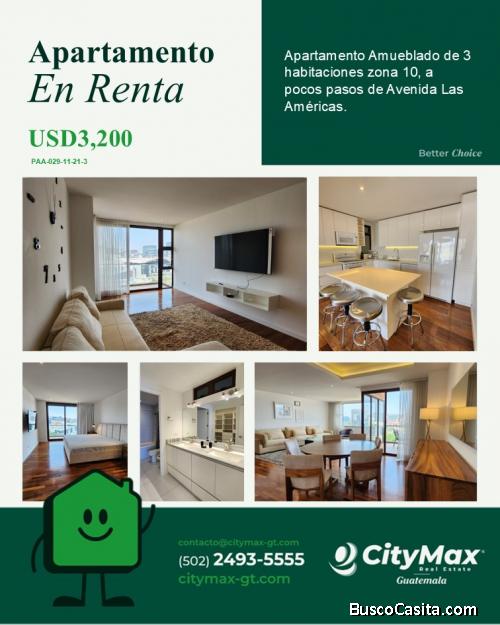 Apartamento Amueblado renta de 3 habitaciones zona 10