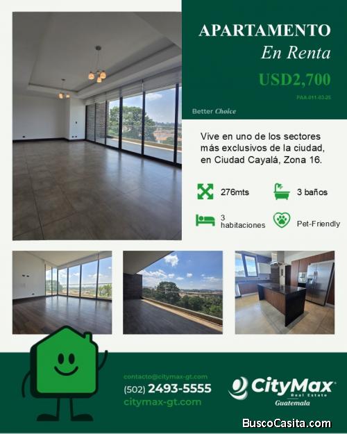 En renta apartamento en zona 16 Cayala
