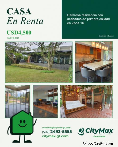 Lujosa Residencia en Renta en Kanajuyu Zona 16
