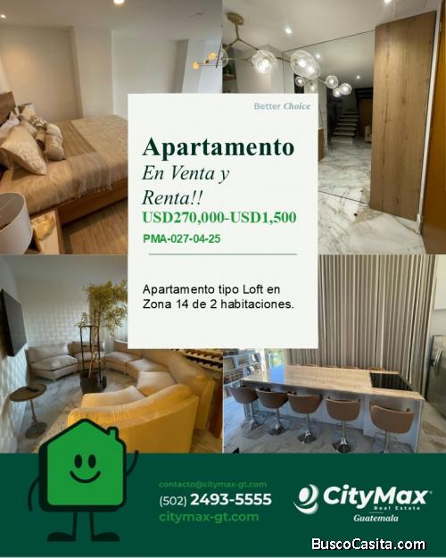 Apartamento tipo Loft en Venta y Renta, Zona 14