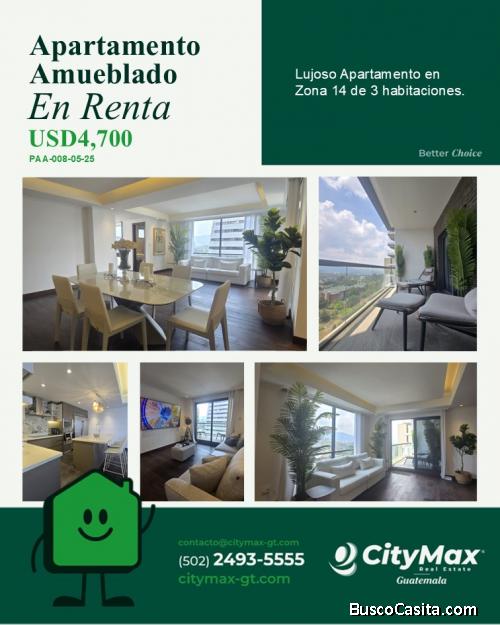 Espectacular Apartamento amueblado en renta zona 14