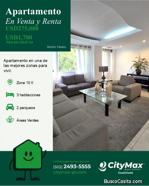 En Venta o Renta Apartamento en Zona 10