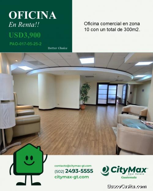 En Renta Oficina de 300m2 en Zona 10