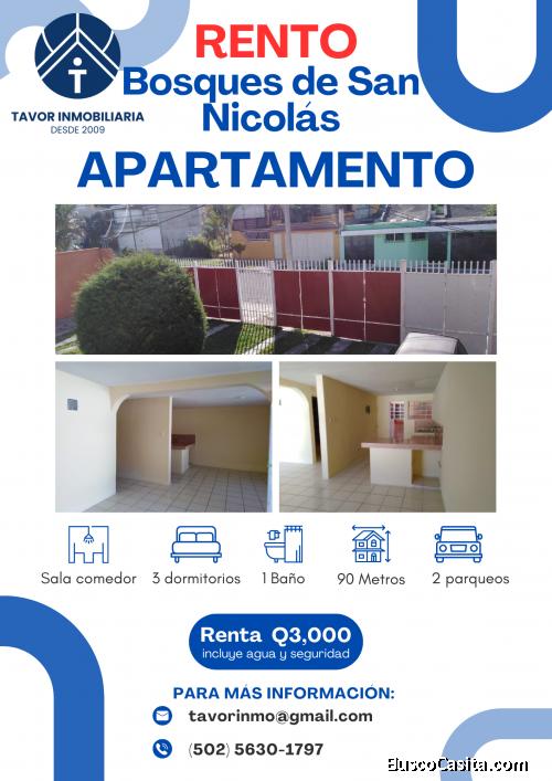 Disponible en renta apartamento zona 4 Mixco Bosques de San Nicoals nivel 1