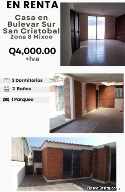 RENTO CASA EN BOULEVARD SUR SAN CRISTOBAL Z.8 MIXCO REF.6810 *3 HAB, 2 BAÑOS, 1 PARQUEO, Q.4000*