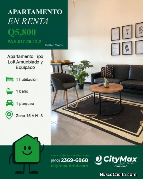 Apartamento Amueblado tipo Loft en Renta Vista Hermosa 3 Zona 15