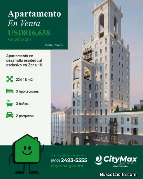 En venta exclusivo apartamento en la zona 16 Cayala
