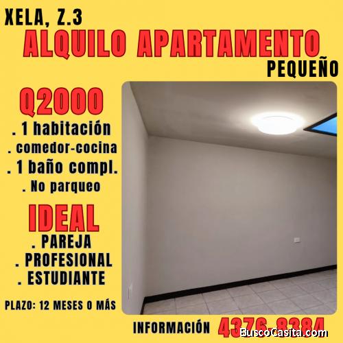 ALQUILO APARTAMENTO PEQUEÑO, XELA Z.3 cerca de emax, enco y edificio san lucas, burguer king, etc. s