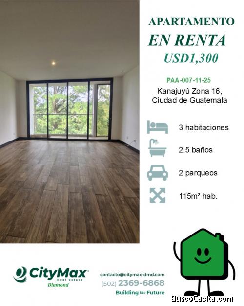 Apartamento en Renta en Kanajuyú Zona 16 Ciudad de Guatemala