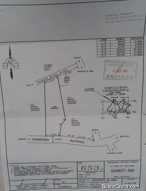 SE VENDE LOTE EN SANTA CRUZ GUANACASTE.