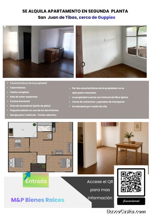 Se alquila apartamento en segunda planta en San Juan de Tibas, Cerca de Guppies