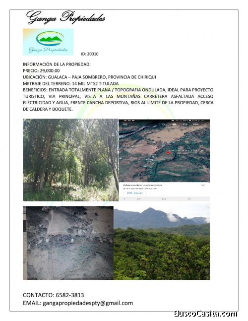 TERRENO DE 14 MIL M2, CHIRIQUI GUALACA PAJA DE SOMBRERO