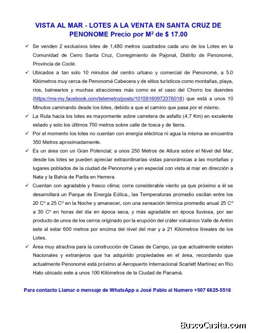 VISTA AL MAR - LOTES A LA VENTA EN SANTA CRUZ DE PENONOME Precio por M2 de $ 17.00 