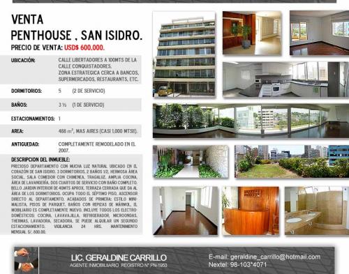 Se vende hermoso Penthouse en San Isidro.