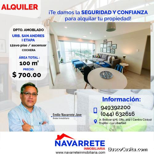 DEPARTAMENTO AMOBLADO + COCHERA – 12AVO PISO – URB. SAN ANDRES I ETAPA