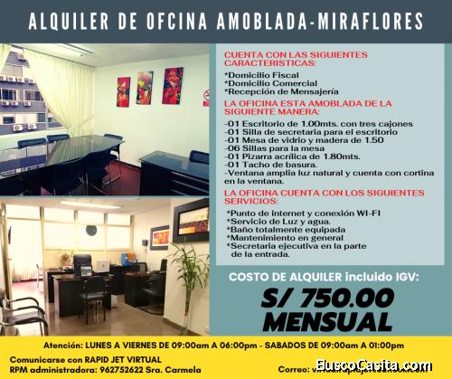ALQUILER DE OFICINA AMOBLADA EN MIRAFLORES