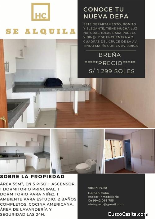 Se alquila departamento en Breña/ persona sola o pareja con niñ